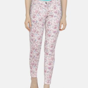 Wills Lifestyle Beige  Pink Printed Slim Fit Trousers