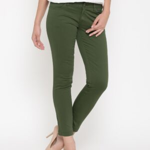 Wills Lifestyle Women Olive Green Solid Slim Fit Flat-Front Trousers