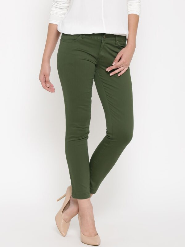 Wills Lifestyle Women Olive Green Solid Slim Fit Flat-Front Trousers