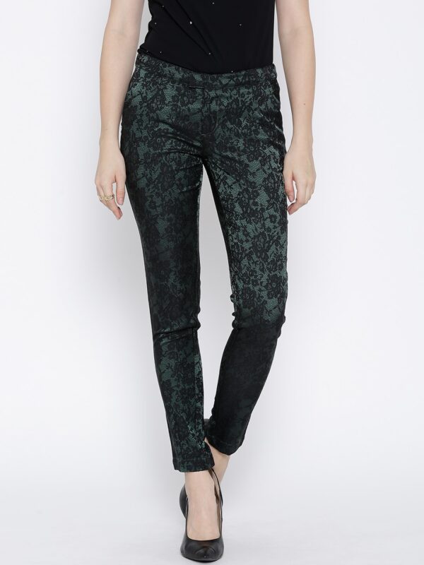 Wills Lifestyle Green Floral Patterned Slim Trousers