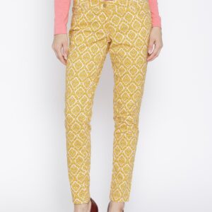 Wills Lifestyle Mustard Yellow Printed Slim Trousers