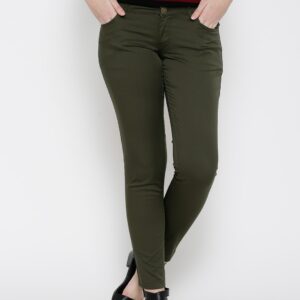 Wills Lifestyle Women Olive Green Solid Slim Fit Flat-Front Trousers