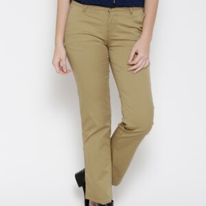 Wills Lifestyle Women Khaki Solid Straight Fit Flat-Front Trousers