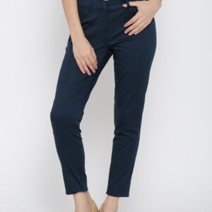 Wills Lifestyle Women Navy Blue Slim Fit Solid Formal Trousers