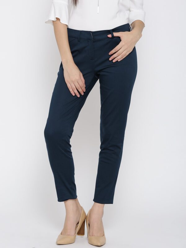 Wills Lifestyle Women Navy Blue Slim Fit Solid Formal Trousers