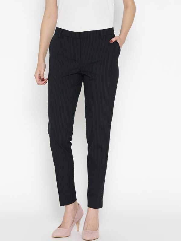 Wills Lifestyle Women Navy Skinny Fit Striped Formal Trousers