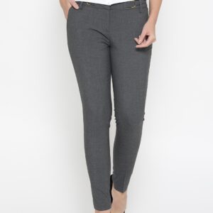 Wills Lifestyle Women Charcoal Grey Slim Fit Solid Formal Trousers