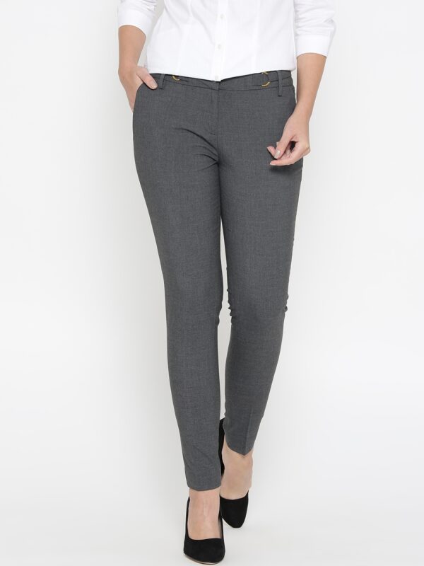 Wills Lifestyle Women Charcoal Grey Slim Fit Solid Formal Trousers