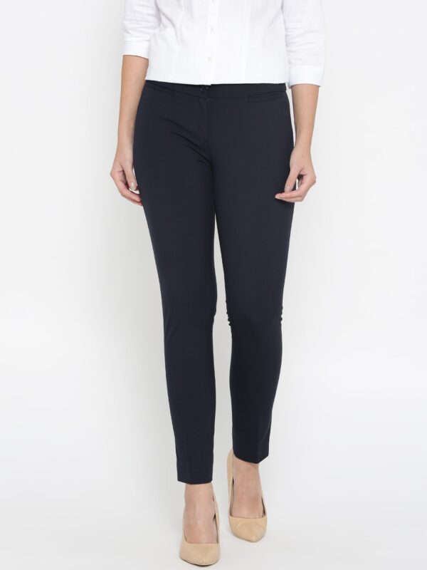 Wills Lifestyle Women Navy Super Slim Fit Solid Formal Trousers