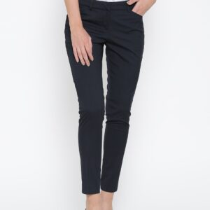 Wills Lifestyle Women Navy Blue Slim Fit Solid Formal Trousers