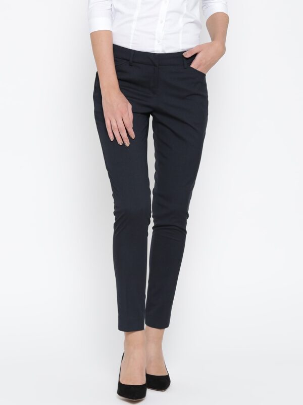 Wills Lifestyle Women Navy Blue Slim Fit Solid Formal Trousers