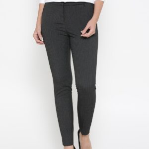 Wills Lifestyle Women Charcoal Grey Slim Fit Striped Formal Trousers