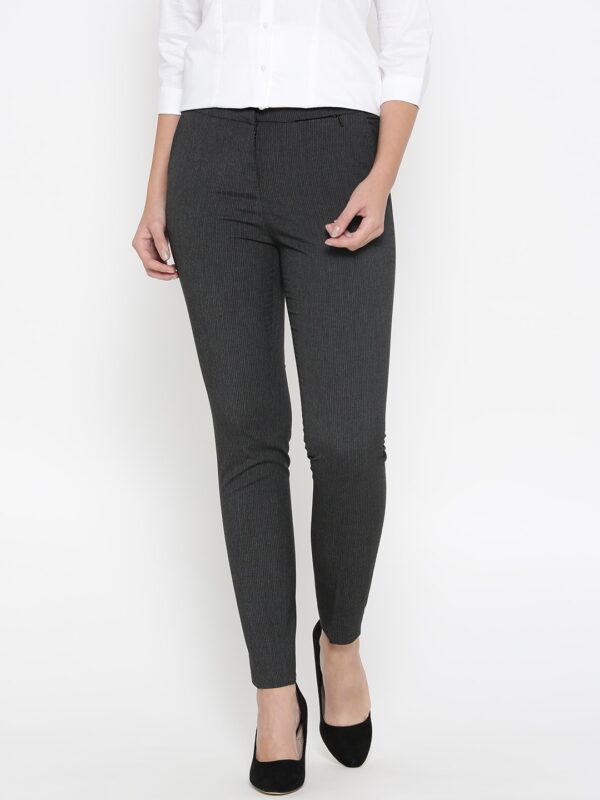 Wills Lifestyle Women Charcoal Grey Slim Fit Striped Formal Trousers