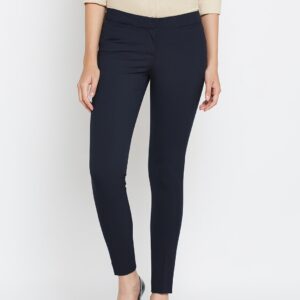 Wills Lifestyle Women Navy Super-Slim Fit Solid Formal Trousers