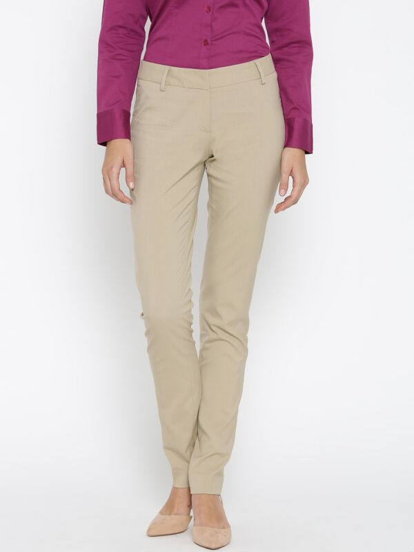 Wills Lifestyle Women Beige Slim Fit Solid Formal Trousers