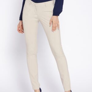 Wills Lifestyle Women Cream-Coloured Slim Fit Solid Formal Trousers