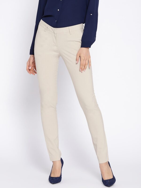 Wills Lifestyle Women Cream-Coloured Slim Fit Solid Formal Trousers