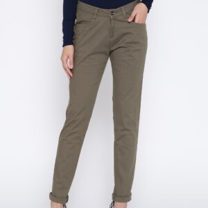 Wills Lifestyle Women Olive Green Slim Fit Solid Regular Trousers