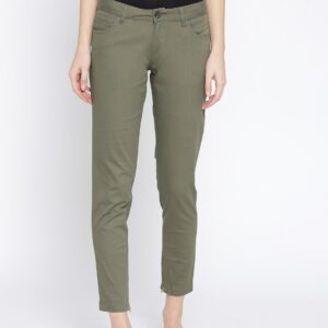 Wills Lifestyle Women Olive Green Slim Fit Solid Cropped Trousers