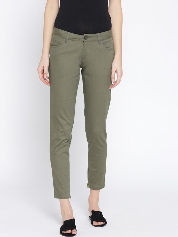 Wills Lifestyle Women Olive Green Slim Fit Solid Cropped Trousers