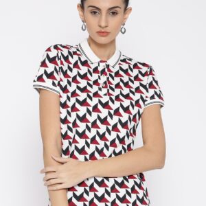 Wills Lifestyle Women White  Black Printed Polo Collar T-shirt