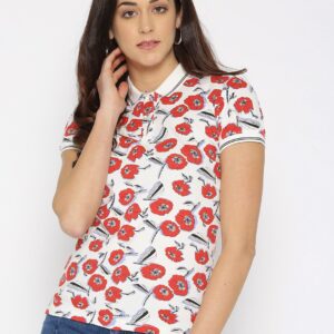 Wills Lifestyle Women White  Red Floral Print Polo Collar T-shirt