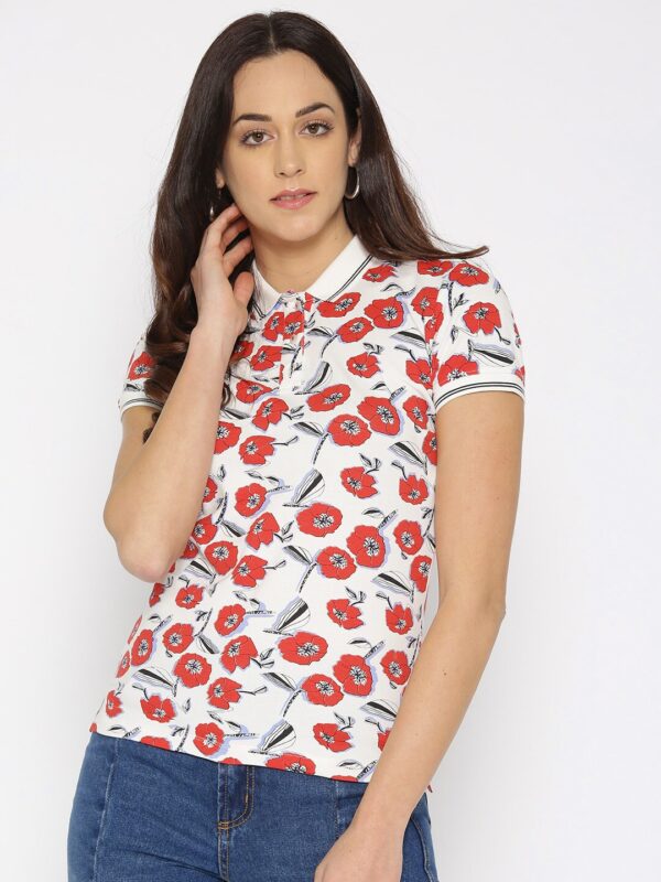 Wills Lifestyle Women White  Red Floral Print Polo Collar T-shirt