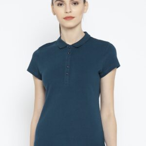 Wills Lifestyle Women Navy Blue Solid Polo Collar T-shirt