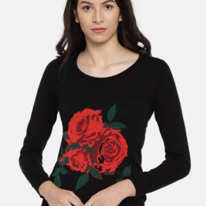 Wills Lifestyle Women Black Floral Printed Knitted Top