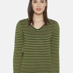 Wills Lifestyle Women Green  Mustard Yellow Striped Top