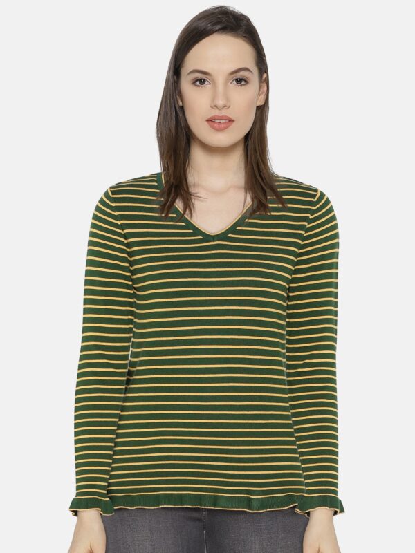 Wills Lifestyle Women Green  Mustard Yellow Striped Top