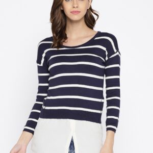 Wills Lifestyle Women Navy Blue  White Striped Layered Top