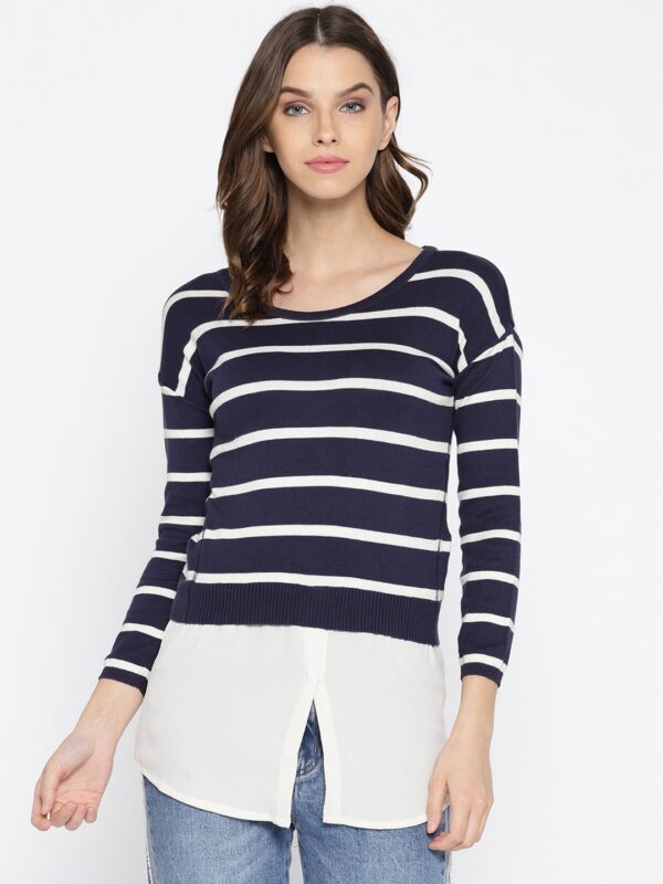 Wills Lifestyle Women Navy Blue  White Striped Layered Top