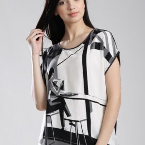 W Women Off-White  Black Printed Top