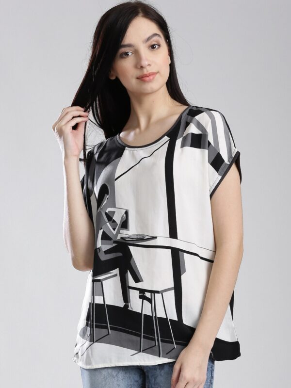 W Women Off-White  Black Printed Top