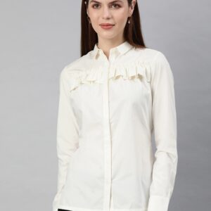 Park Avenue Women  Fit Solid Casual Shirt With Ruffle Detail