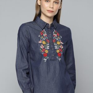 Chemistry Women Navy Blue Regular Fit Embroidered Casual Chambray Shirt