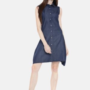 HERE&NOW Women Blue Solid Chambray Shirt Style Dress