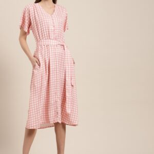 her by invictus Women Pink & White Checked Fit & Flare Dress