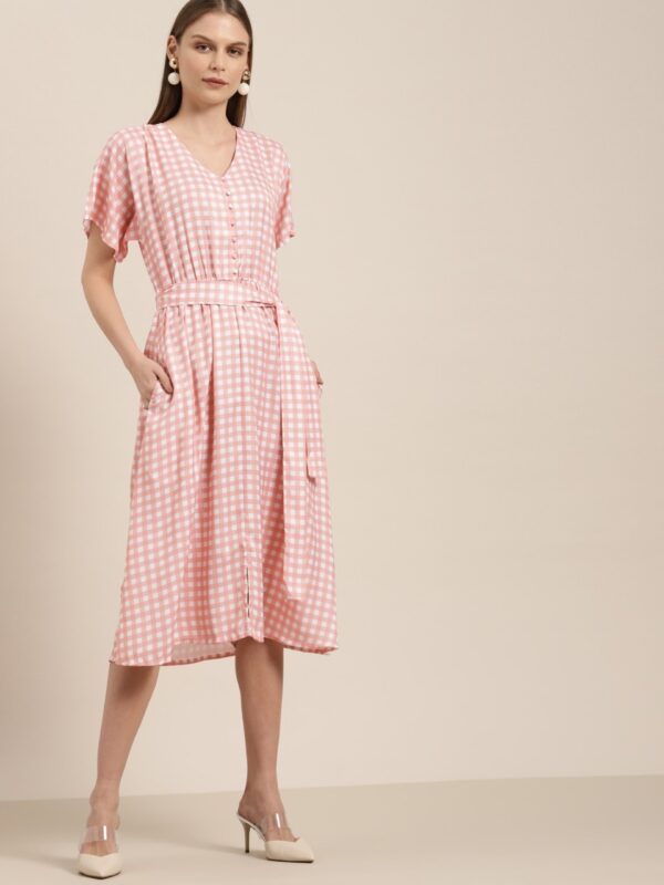 her by invictus Women Pink & White Checked Fit & Flare Dress