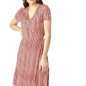 MANGO Women White & Red Striped Wrap Dress