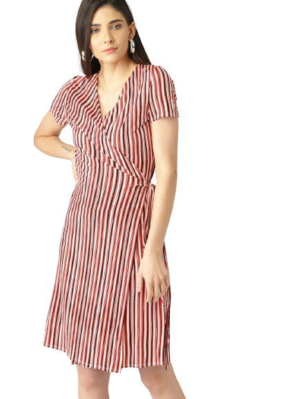 MANGO Women White & Red Striped Wrap Dress