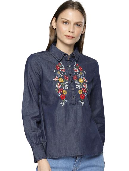 Chemistry Women Regular Fit Embroidered Chambray Shirt