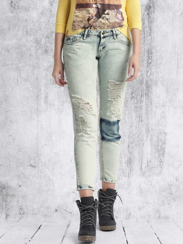 Roadster RDSTR  Slim Fit Cropped Distressed Jeans with Patchwork