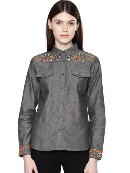 Chemistry Women Regular Fit Embroidered Chambray Casual Shirt