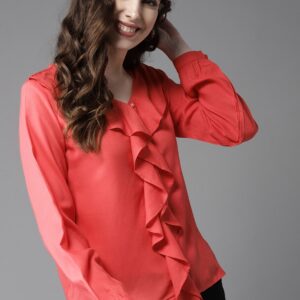 HERE&NOW Women Solid Ruffle Detail Top