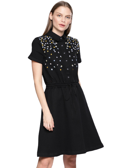 Chemistry Women Fit & Flare Denim Dress with Embroidered Detail