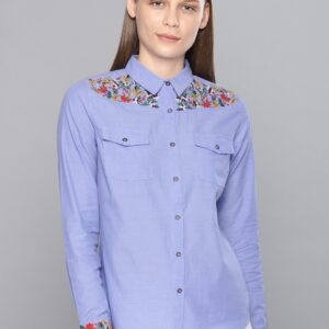 Chemistry Women Regular Fit Embroidered Chambray Casual Shirt