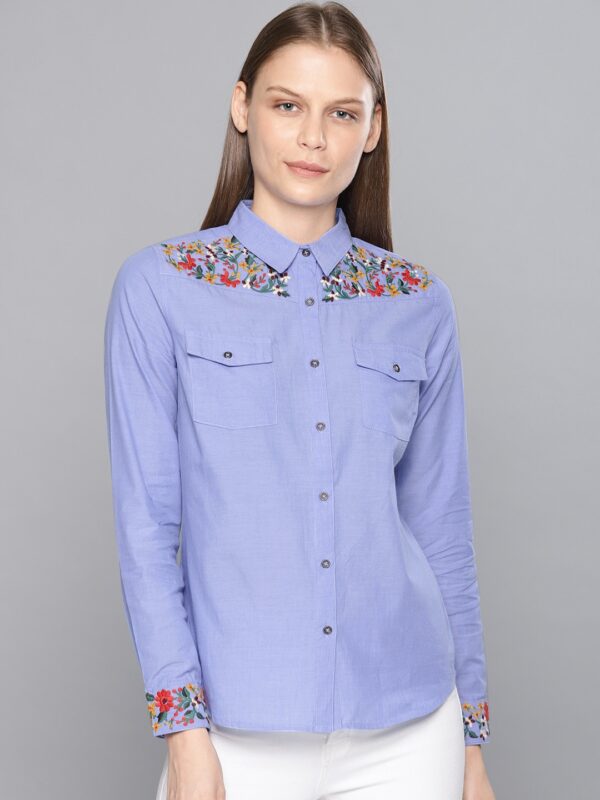 Chemistry Women Regular Fit Embroidered Chambray Casual Shirt