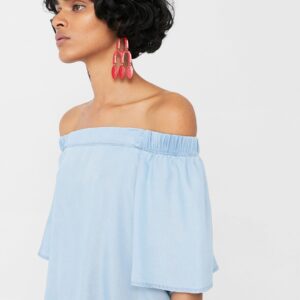 MANGO Women Solid Chambray Crop Bardot Top